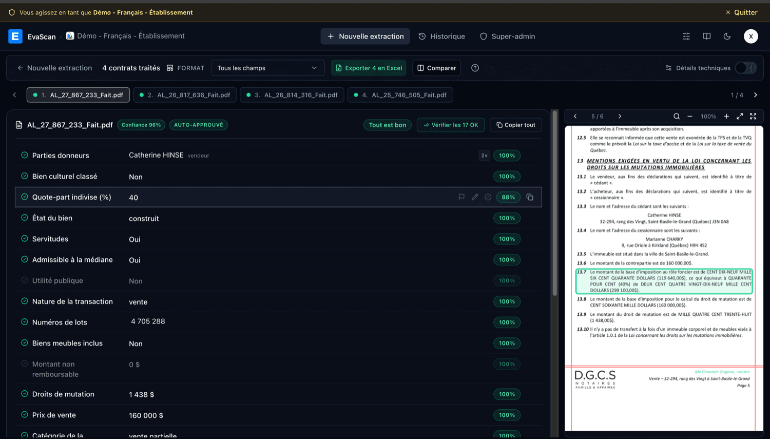 Eva Scan — extraction d'un contrat de vente avec champs structurés et score de confiance par champ
